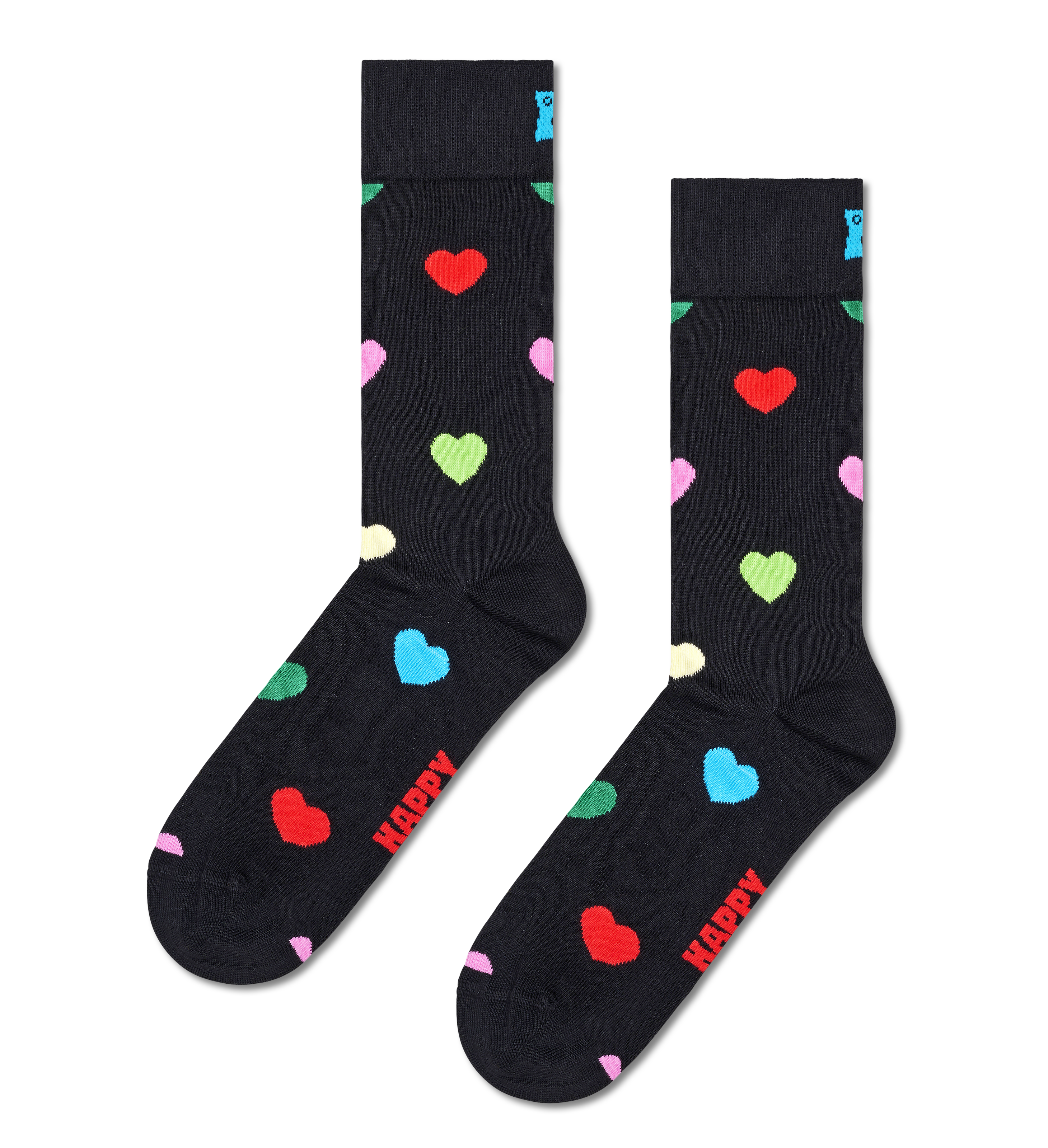 Happy Socks black crew socks with larger multicolored hearts
