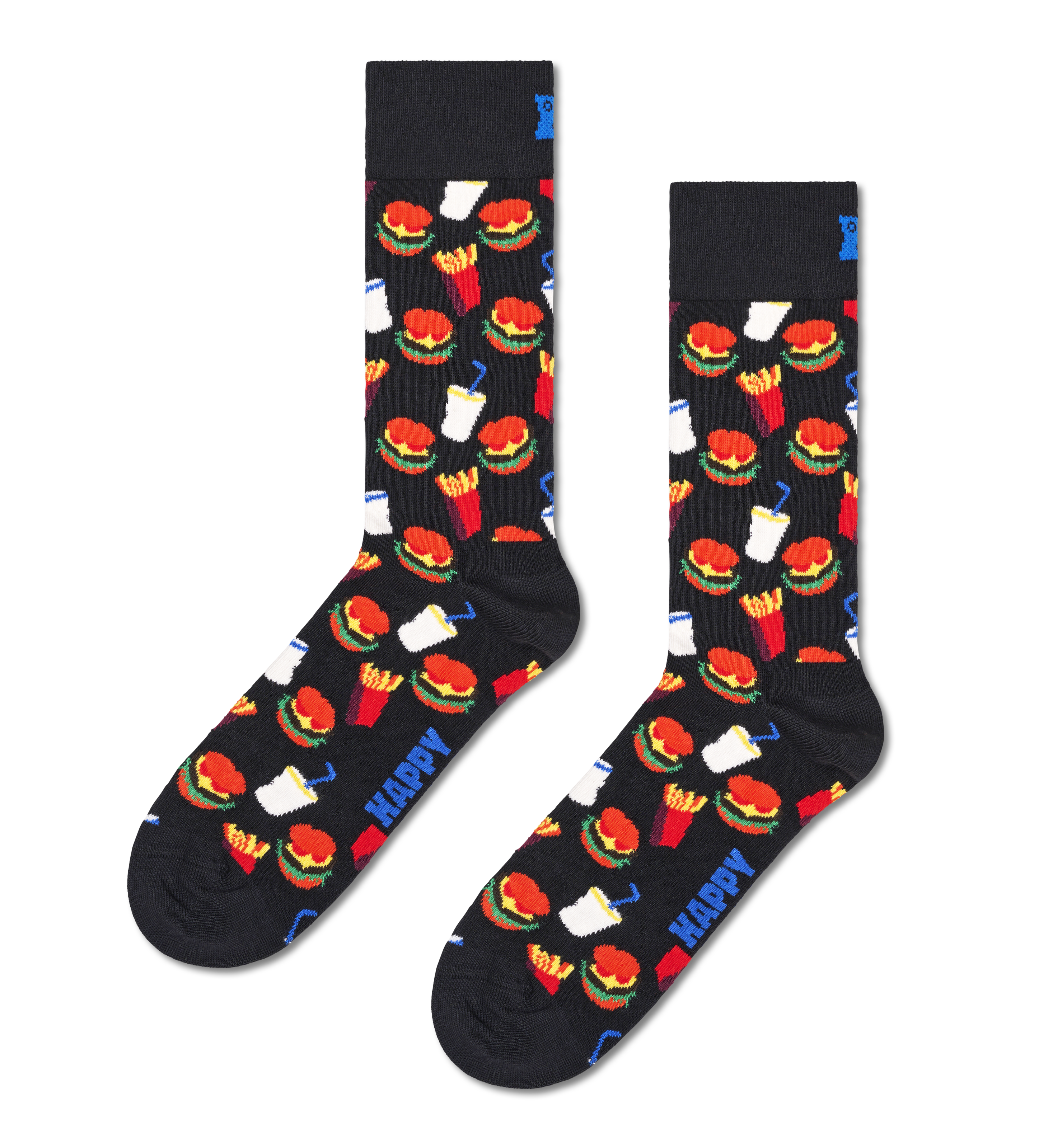 Happy Socks hamburger design with burgers, fries, and drinks on a dark ground