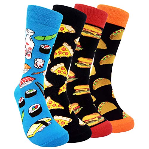 HSELL food sock reference showing sushi, pizza, burger, and taco motifs with contrasting cuffs