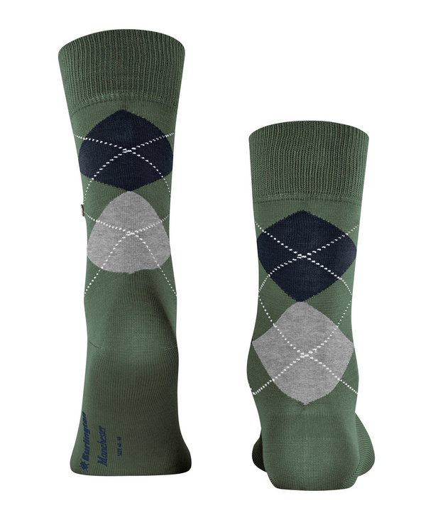 Burlington Manchester socks with a classic green, navy, and gray argyle pattern