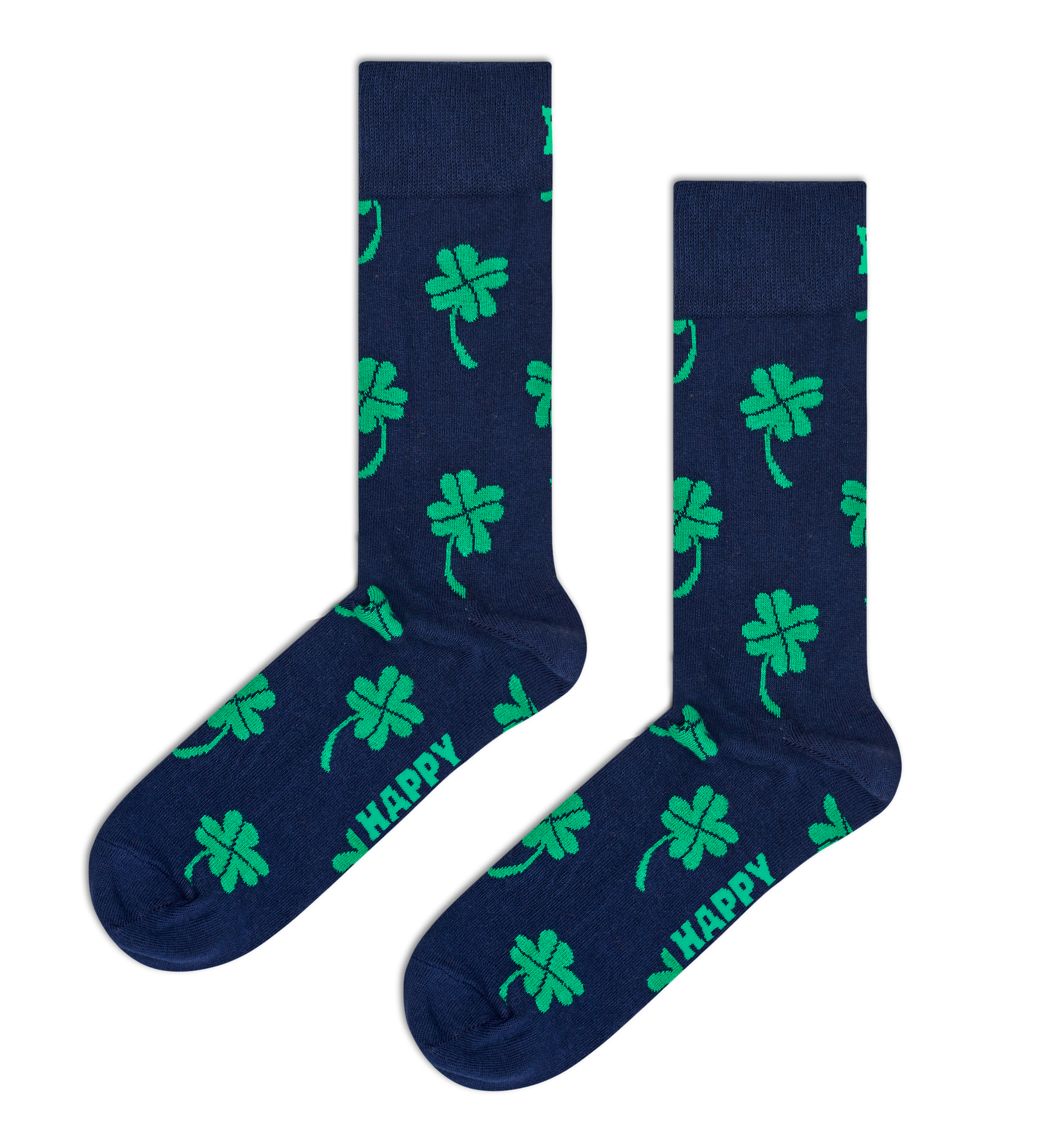 Happy Socks Big Luck socks, navy with large bright-green four-leaf clovers